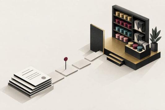 Geometric licence-to-stock timeline illustration